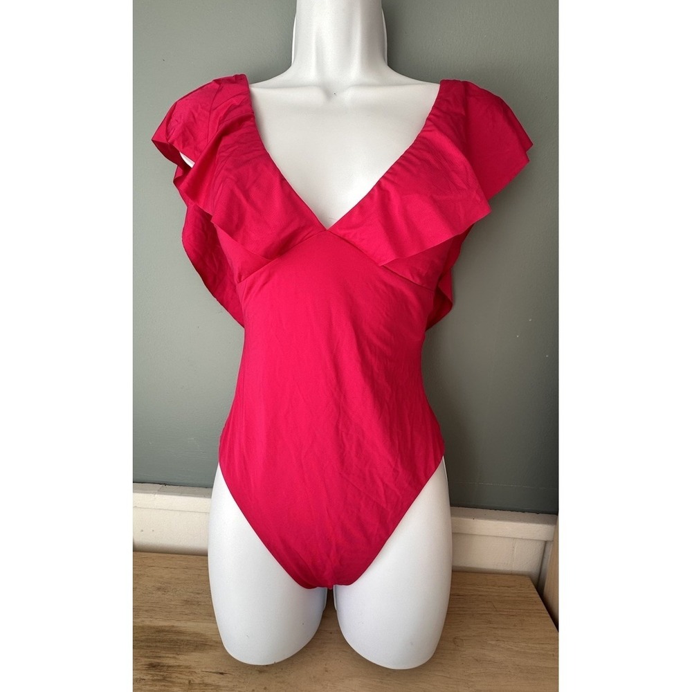 TRINA TURK Marai Ruffled Embossed Plunge Hot Pink One-Piece Swimsuit Size 6